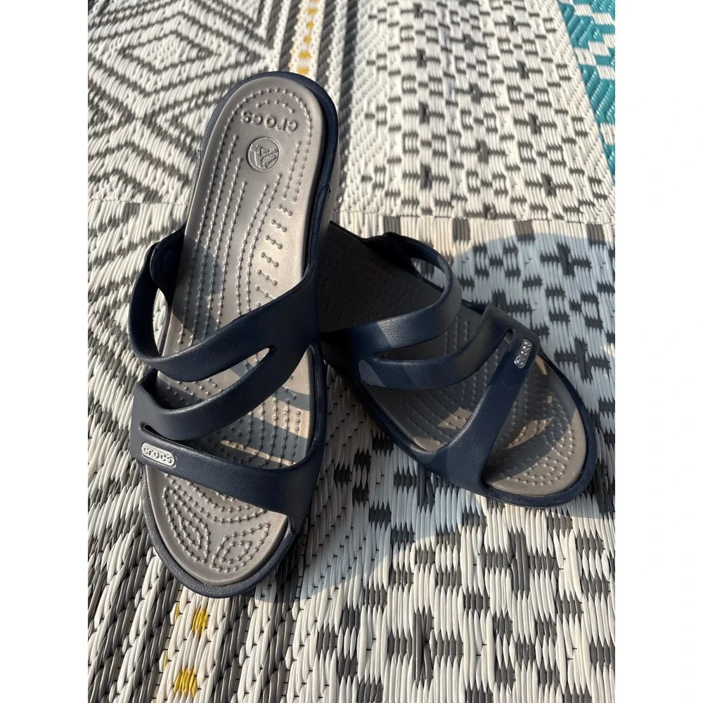 Crocs Patricia Wedge Sandals Navy Blue Grey Strappy Slip On Womens 6